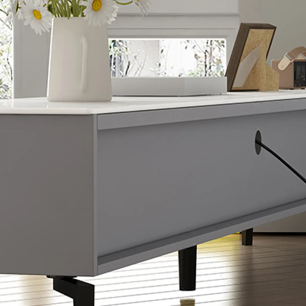 Contemporary Light Gray Stone TV Stand with Drawers Image - 13