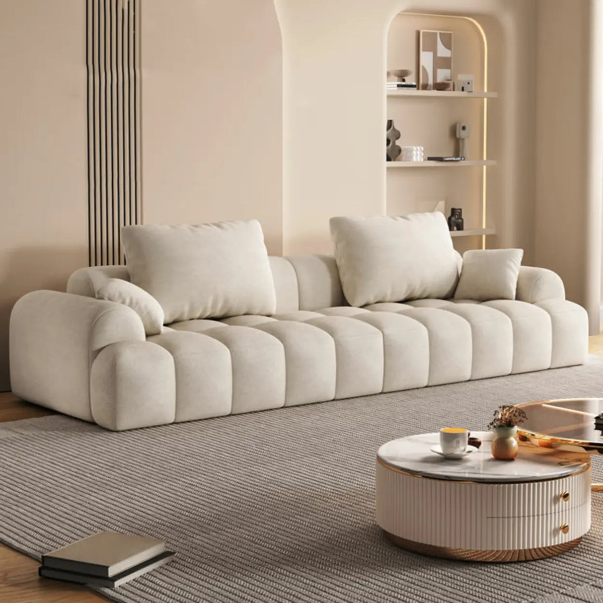 Contemporary Long Curved Fabric Standard Beige Sofa Image - 1