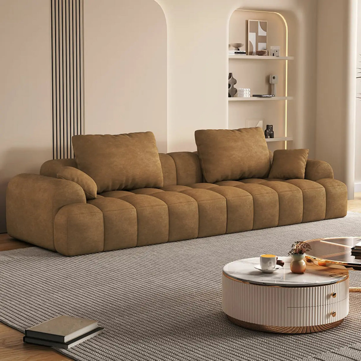 Contemporary Long Curved Fabric Standard Beige Sofa Image - 10