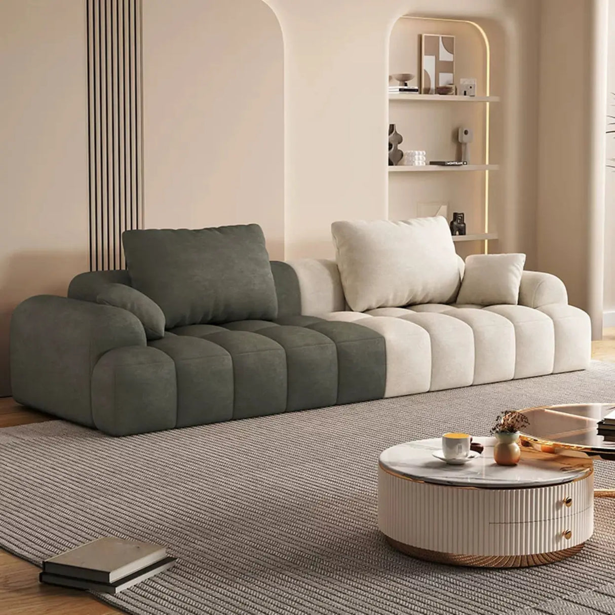 Contemporary Long Curved Fabric Standard Beige Sofa Image - 16