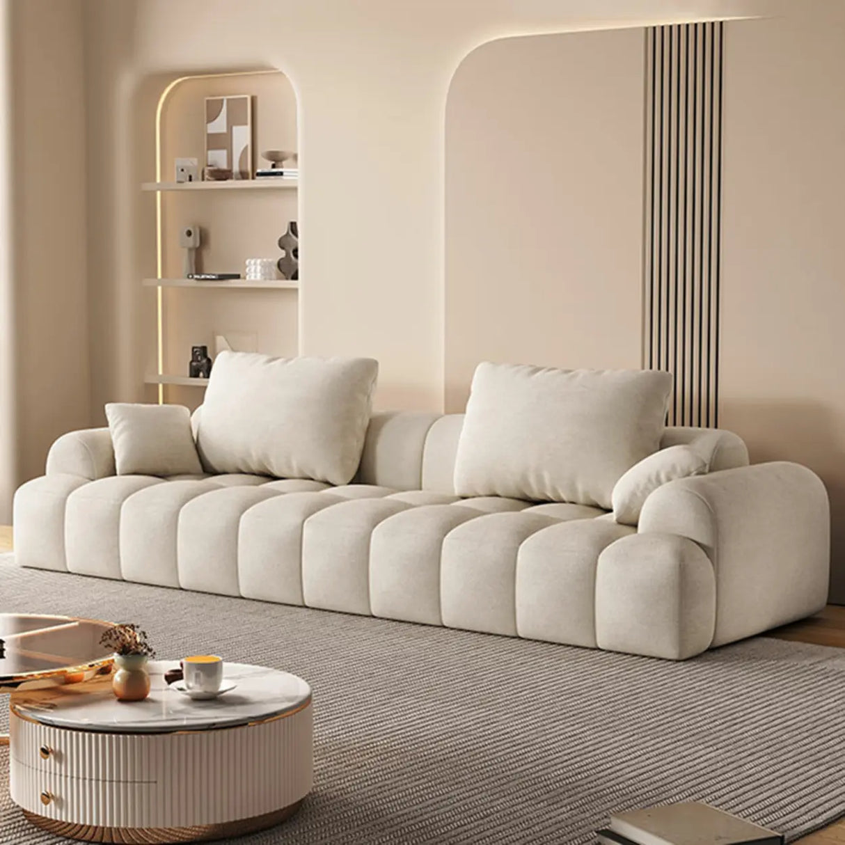 Contemporary Long Curved Fabric Standard Beige Sofa Image - 18