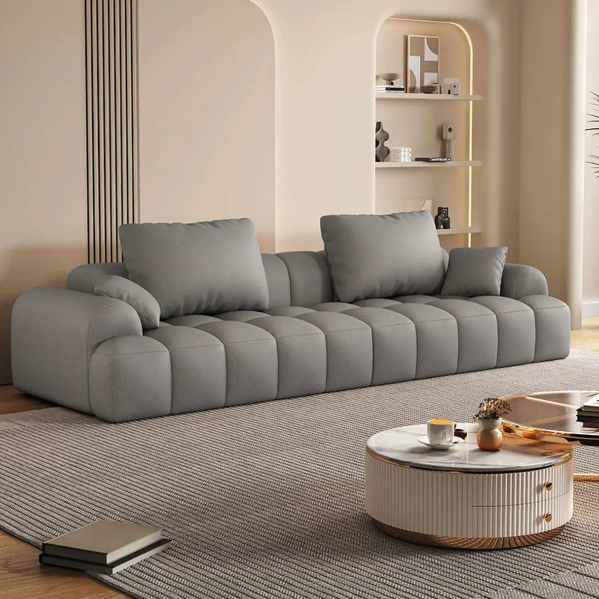 Contemporary Long Curved Fabric Standard Beige Sofa Image - 19