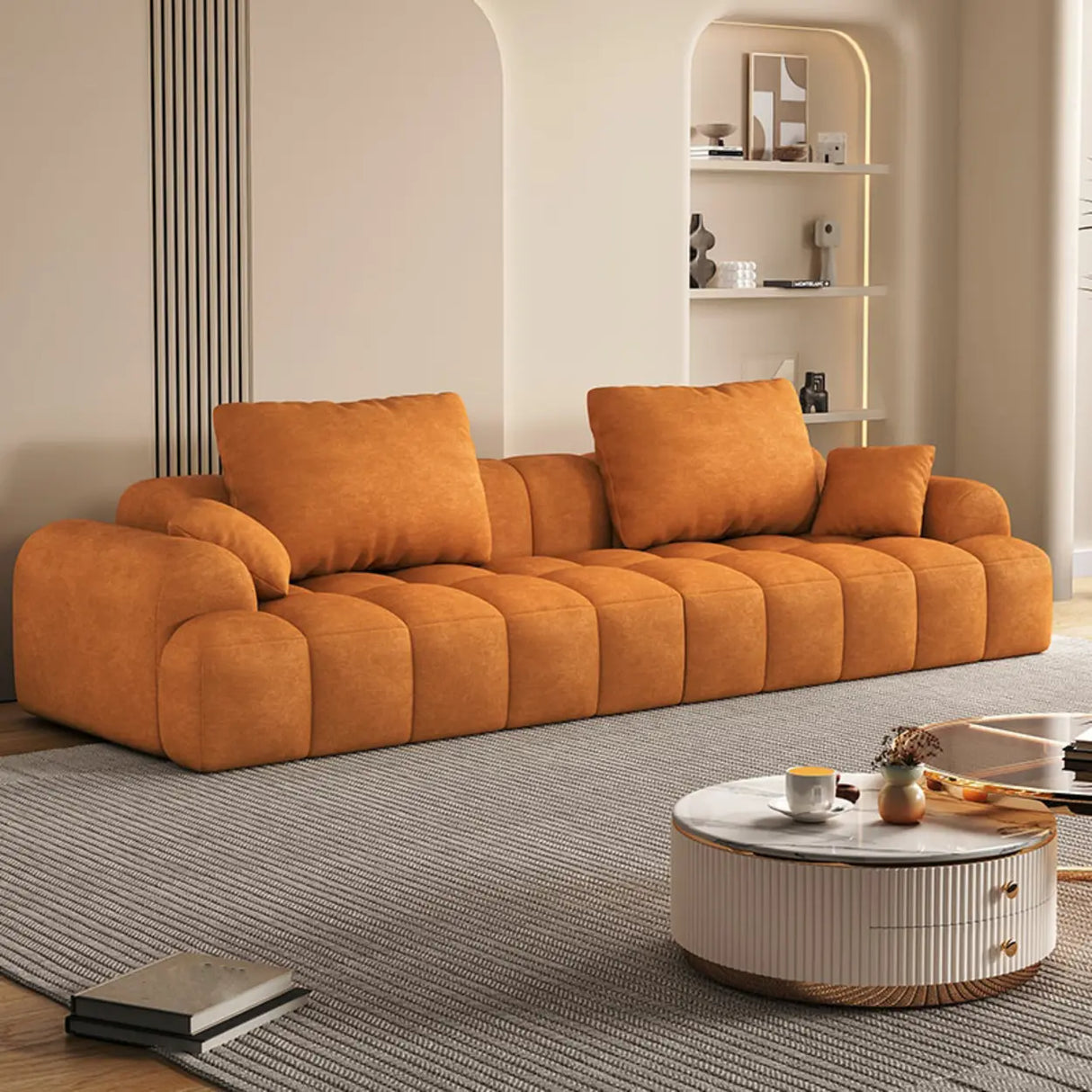 Contemporary Long Curved Fabric Standard Beige Sofa Image - 20