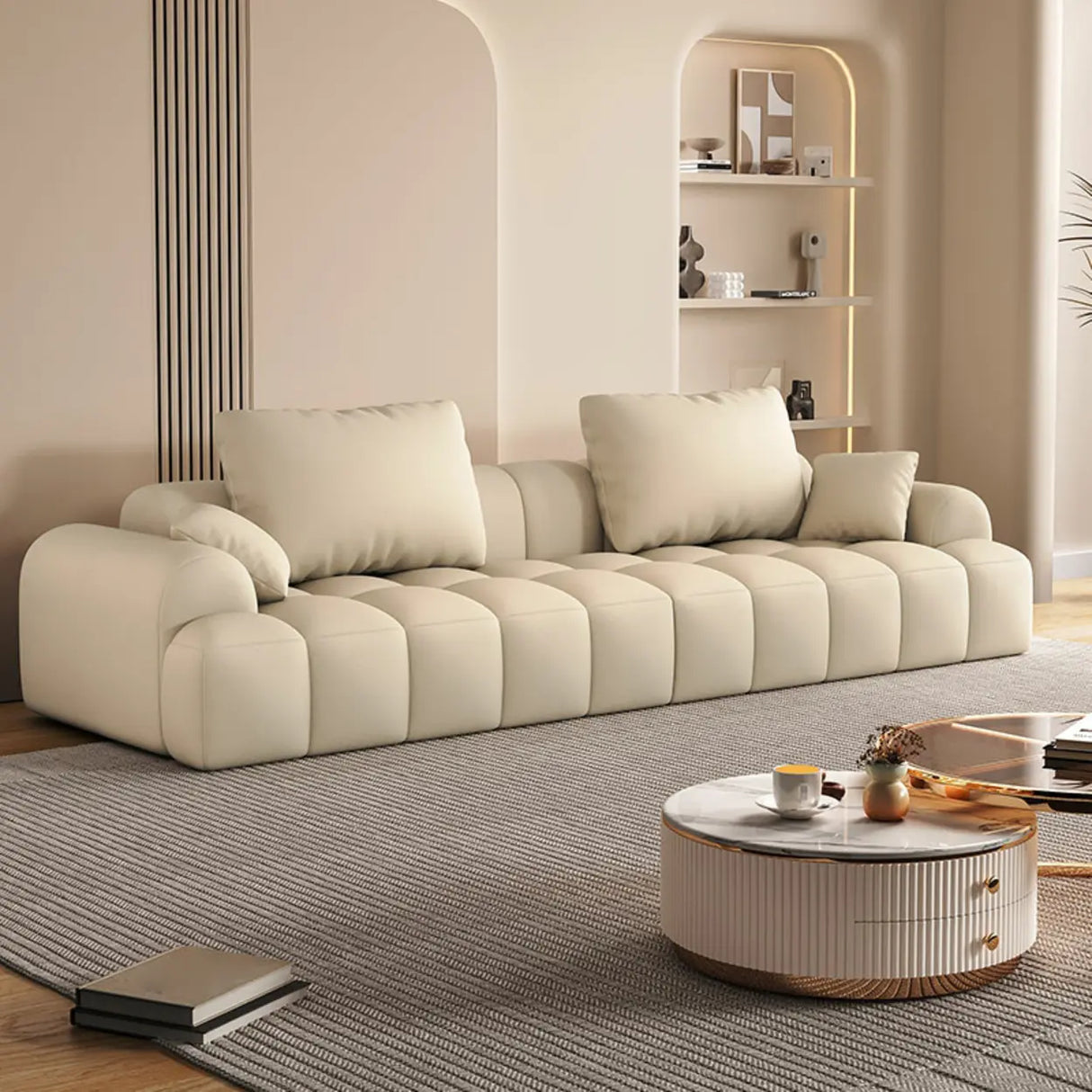 Contemporary Long Curved Fabric Standard Beige Sofa Image - 21