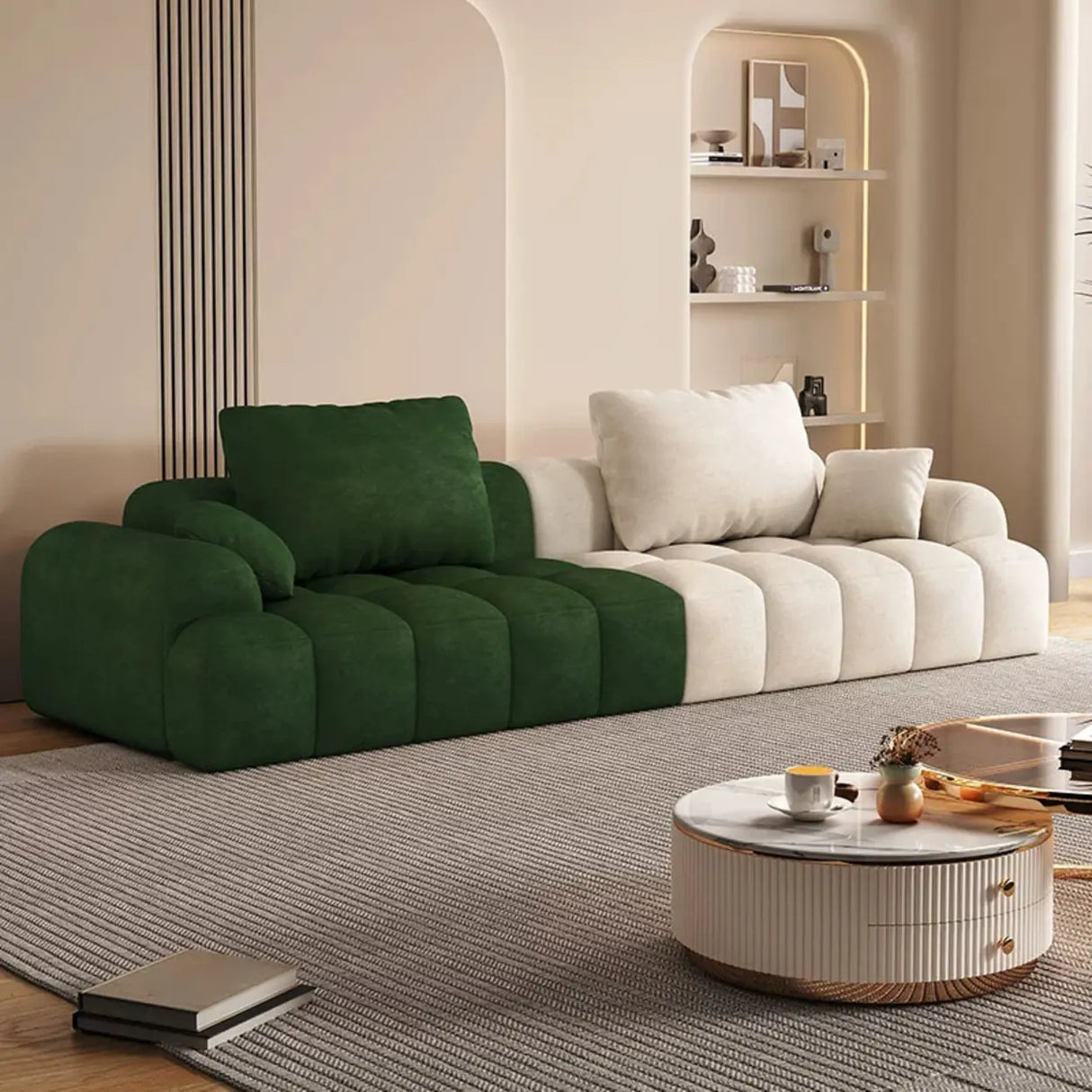 Contemporary Long Curved Fabric Standard Beige Sofa Image - 23