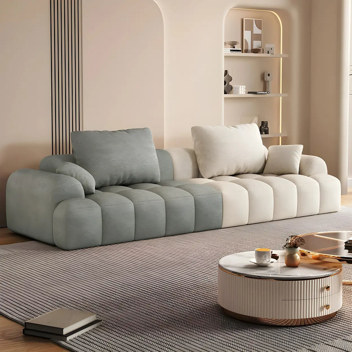 Contemporary Long Curved Fabric Standard Beige Sofa Image - 24
