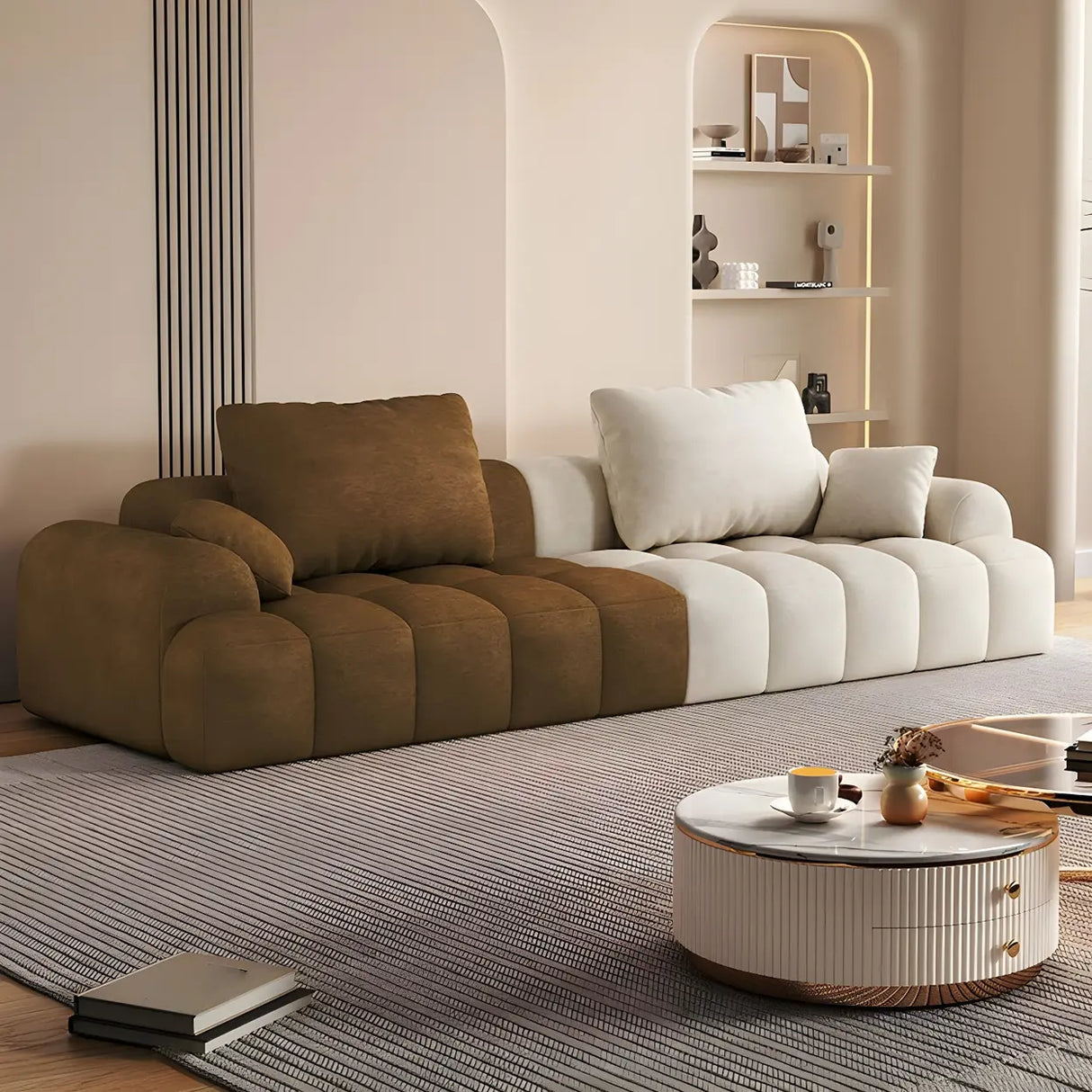 Contemporary Long Curved Fabric Standard Beige Sofa Image - 25