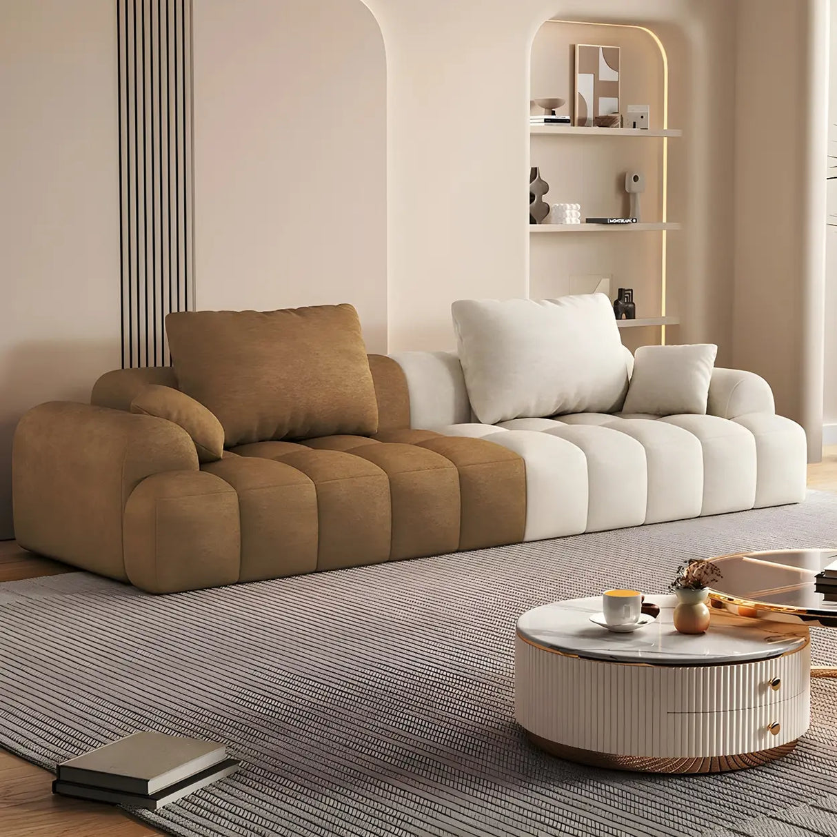 Contemporary Long Curved Fabric Standard Beige Sofa Image - 26