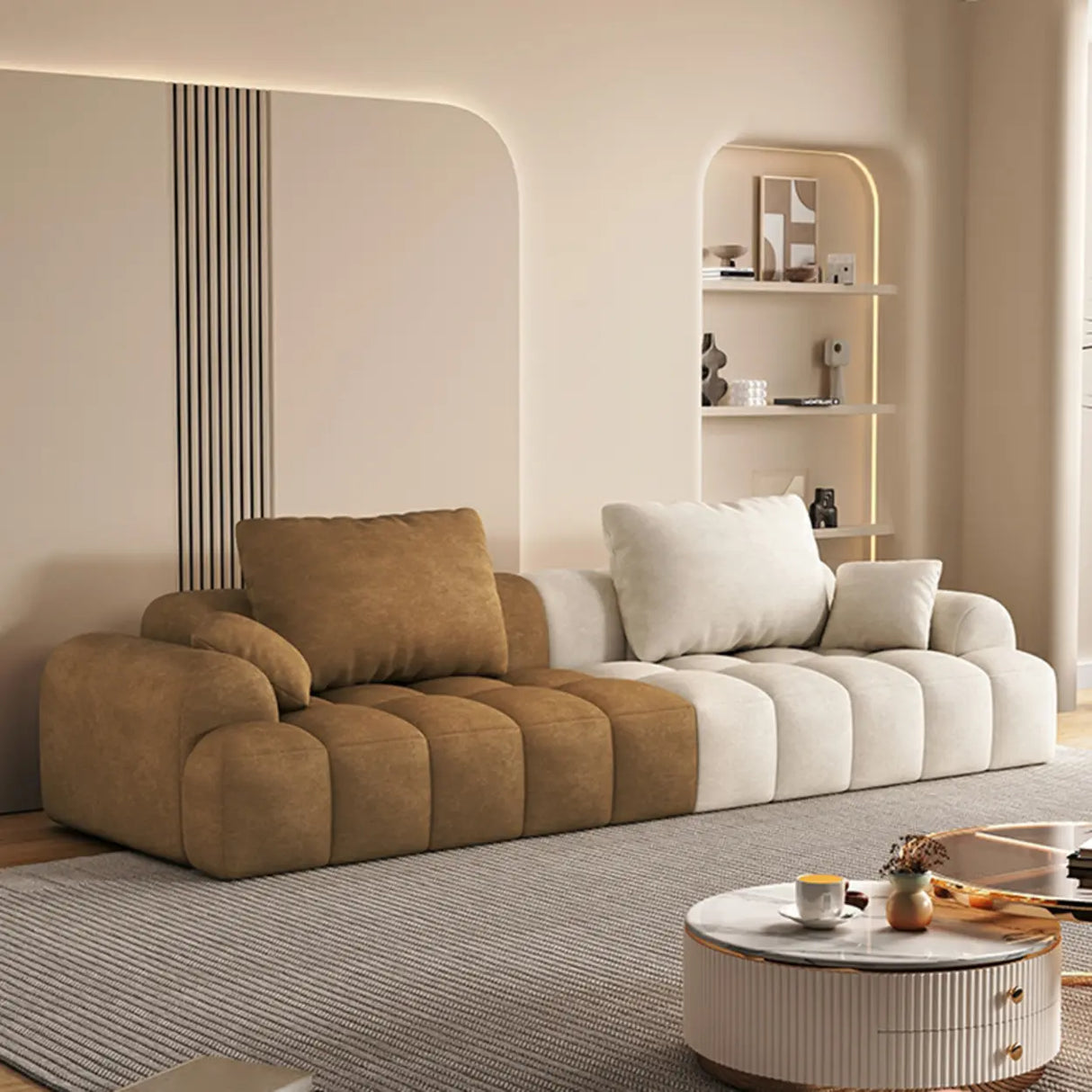 Contemporary Long Curved Fabric Standard Beige Sofa Image - 3