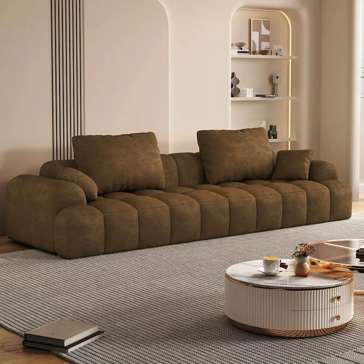 Contemporary Long Curved Fabric Standard Beige Sofa Image - 4