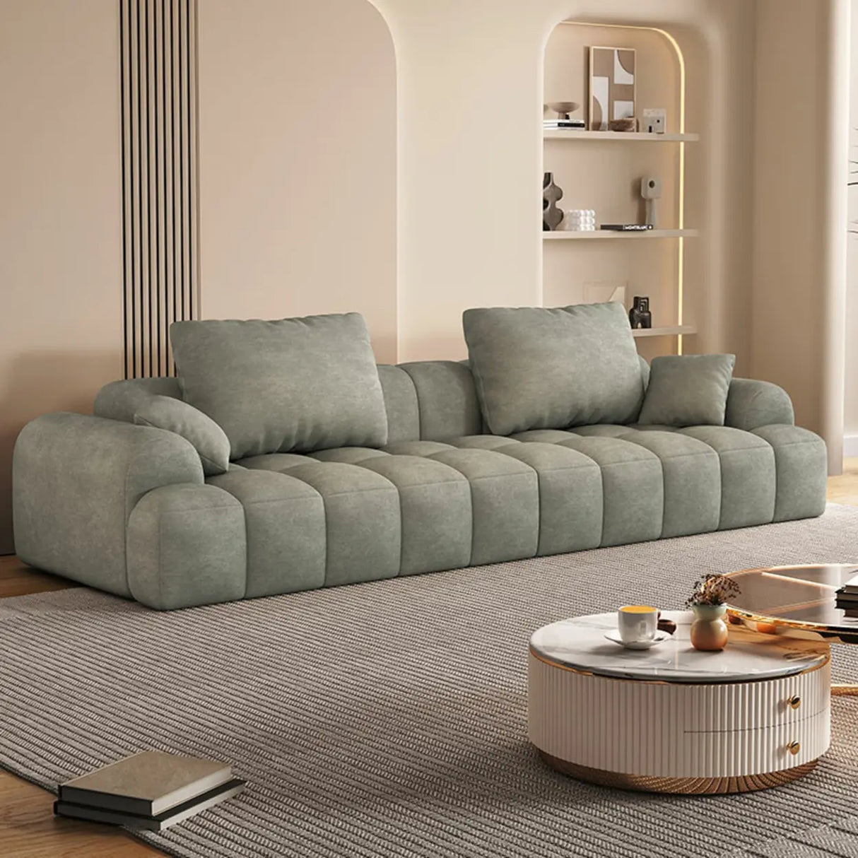 Contemporary Long Curved Fabric Standard Beige Sofa Image - 5