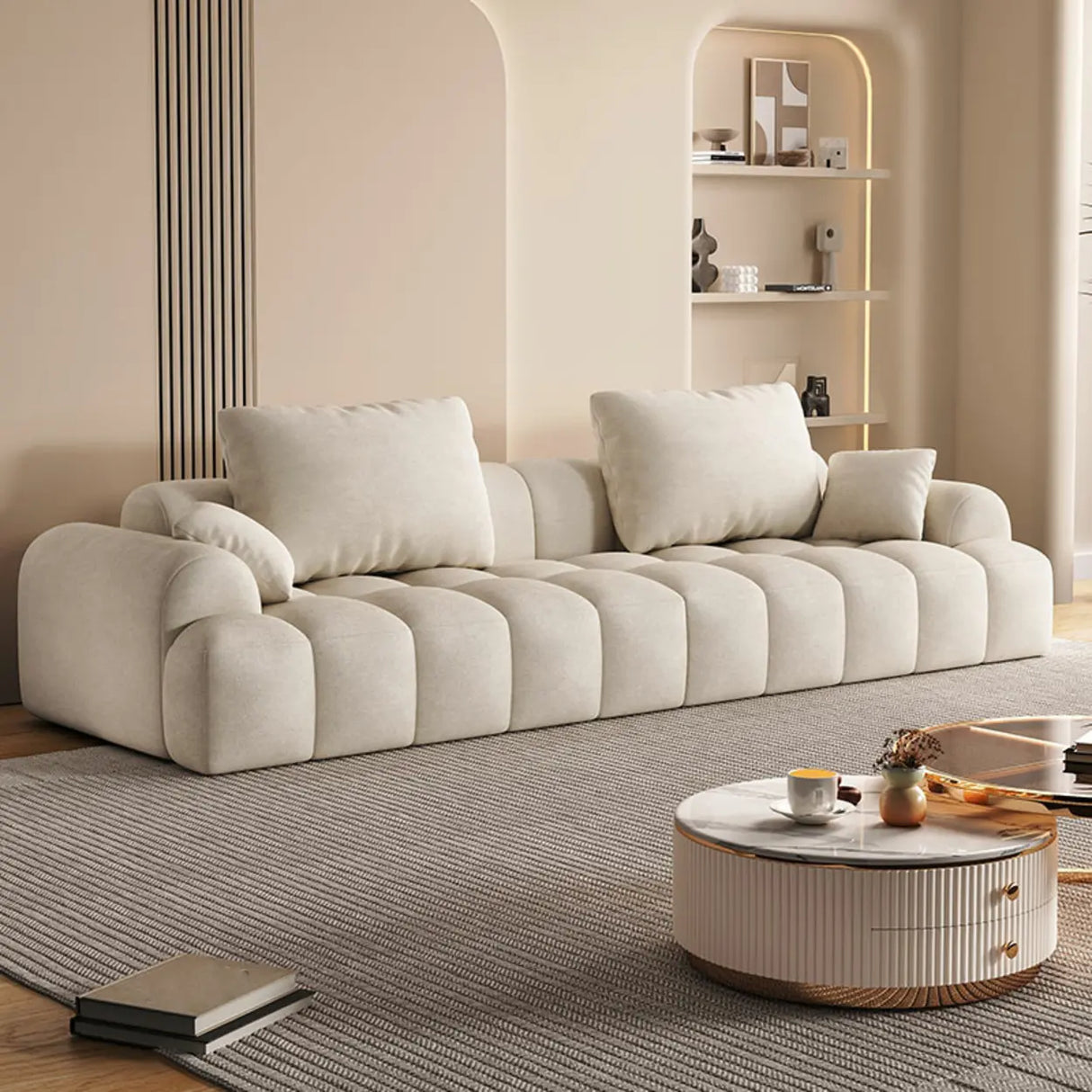 Contemporary Long Curved Fabric Standard Beige Sofa Image - 8