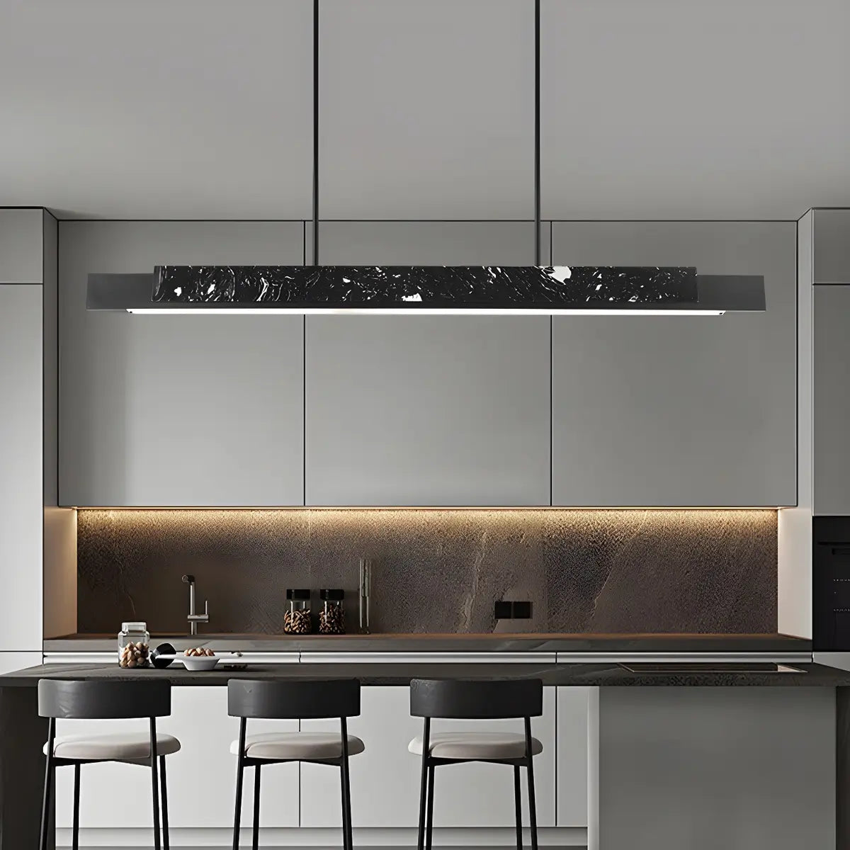 Contemporary Marble Linear Large Black Pendant Island Light Image - 16