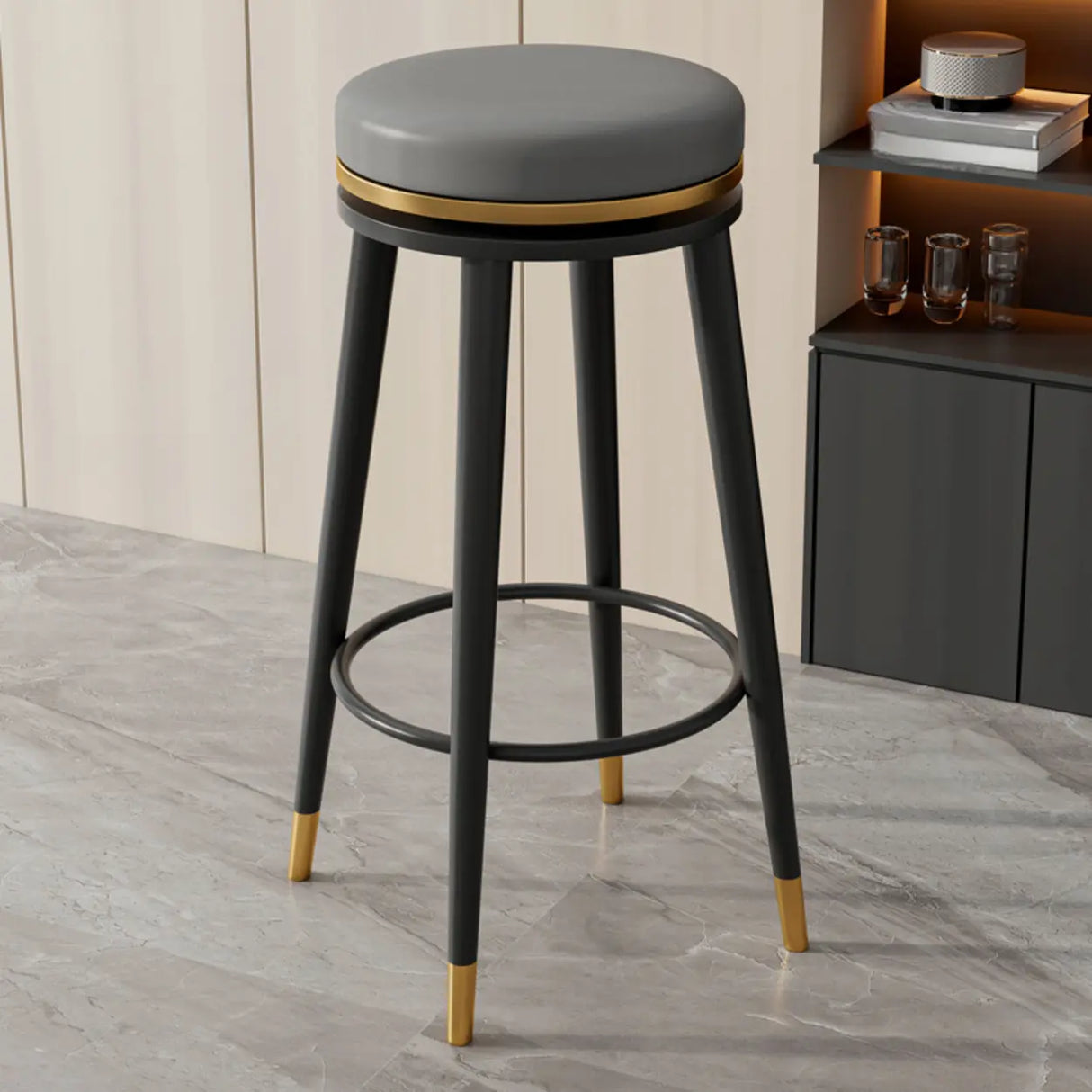Contemporary Metal Frame Round Bar Stool with Padded Seat Image - 11
