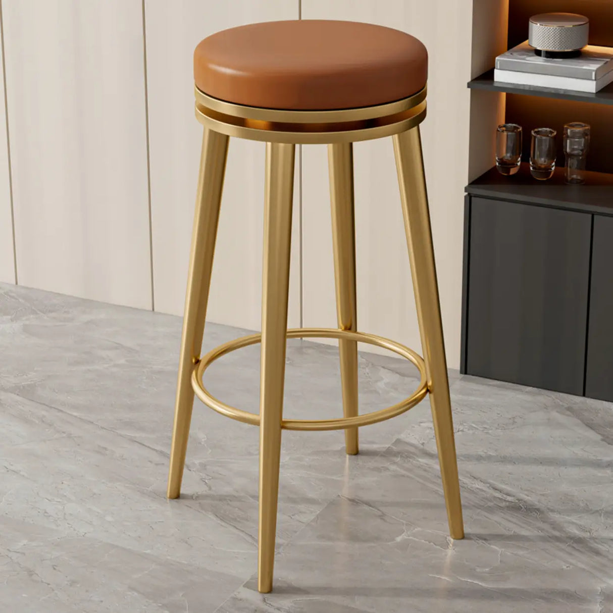 Contemporary Metal Frame Round Bar Stool with Padded Seat Image - 12