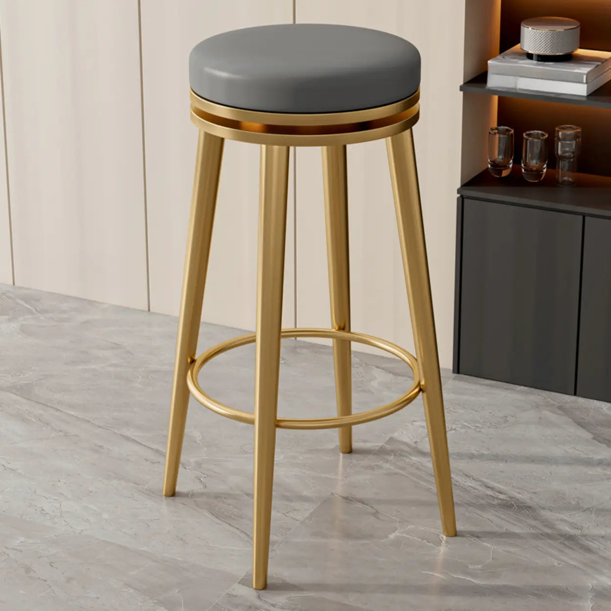 Contemporary Metal Frame Round Bar Stool with Padded Seat Image - 13