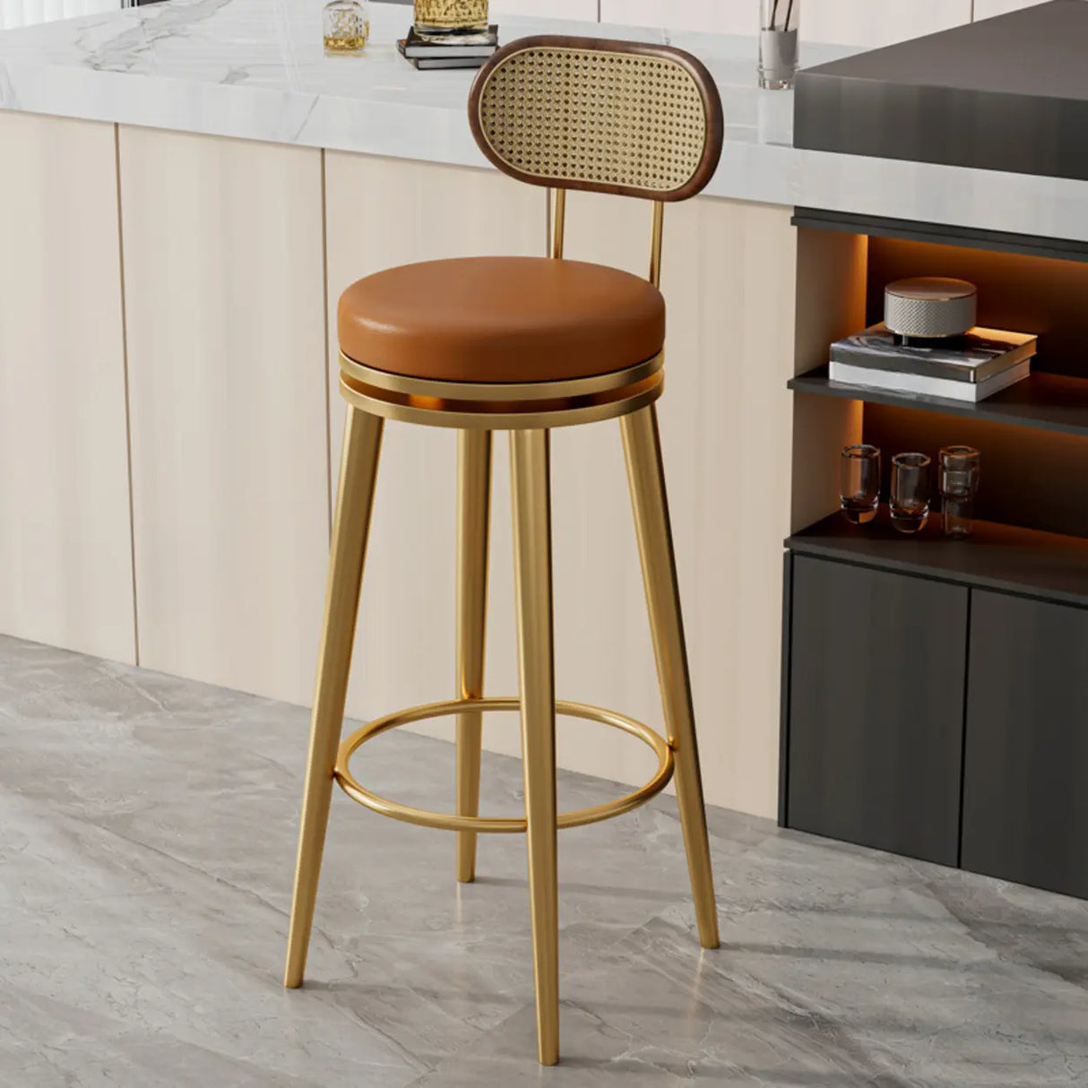 Contemporary Metal Frame Round Bar Stool with Padded Seat Image - 3