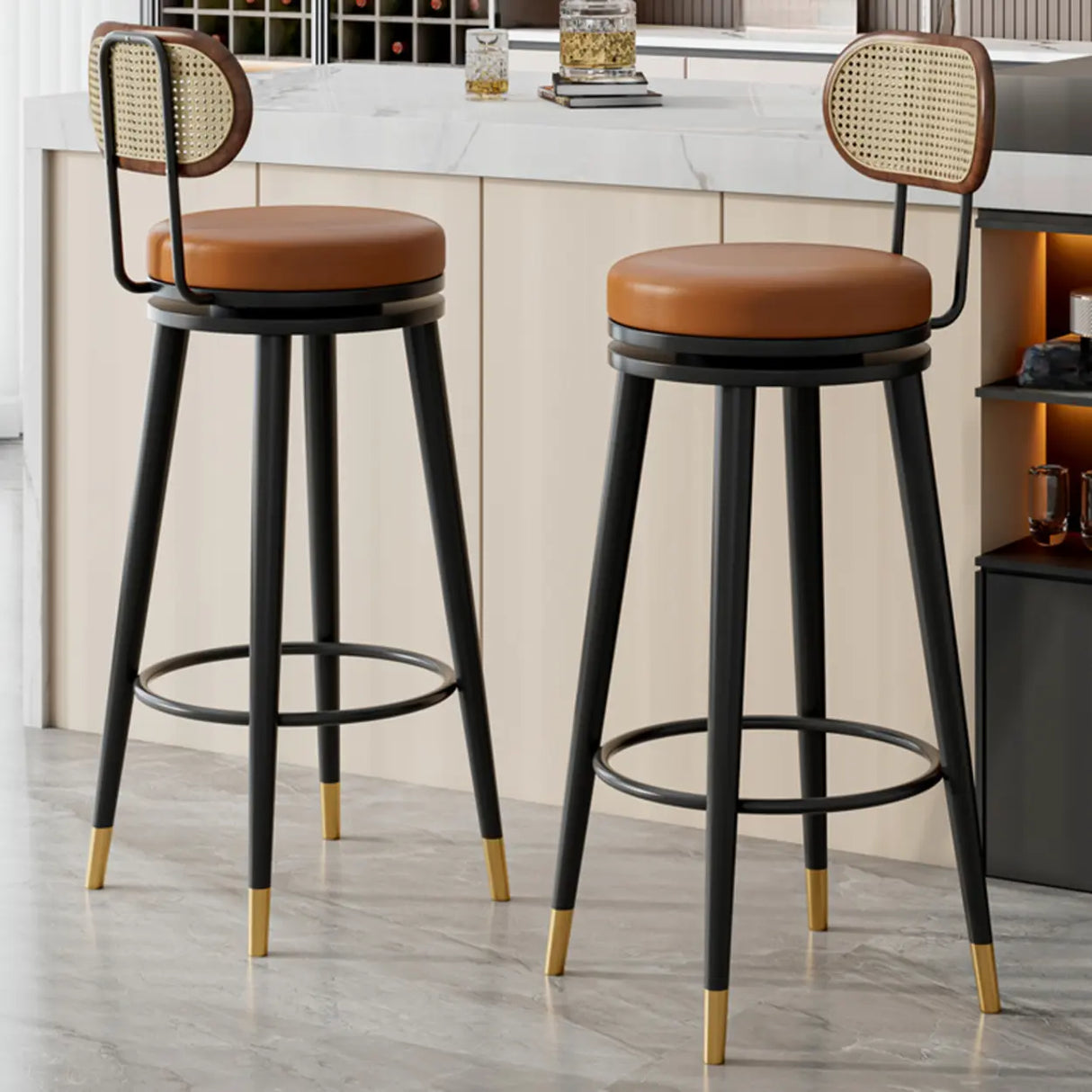 Contemporary Metal Frame Round Bar Stool with Padded Seat Image - 4