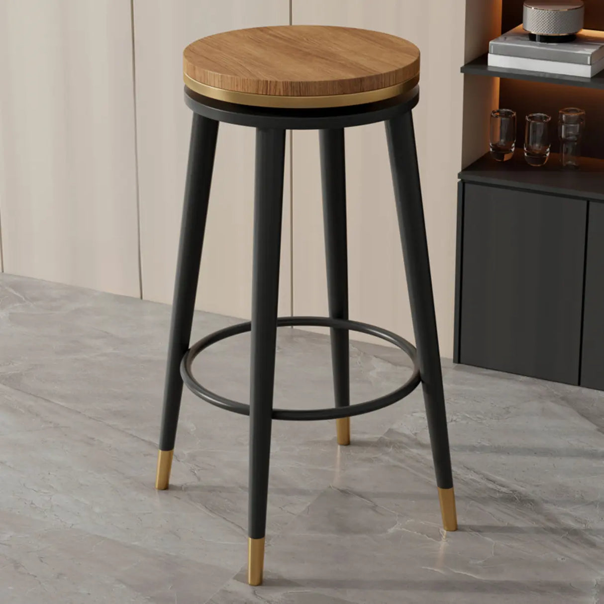 Contemporary Metal Frame Round Bar Stool with Padded Seat Image - 5