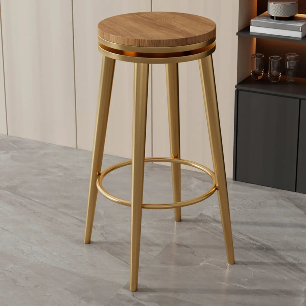 Contemporary Metal Frame Round Bar Stool with Padded Seat Image - 7