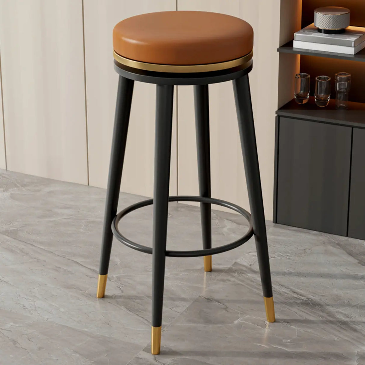 Contemporary Metal Frame Round Bar Stool with Padded Seat Image - 9
