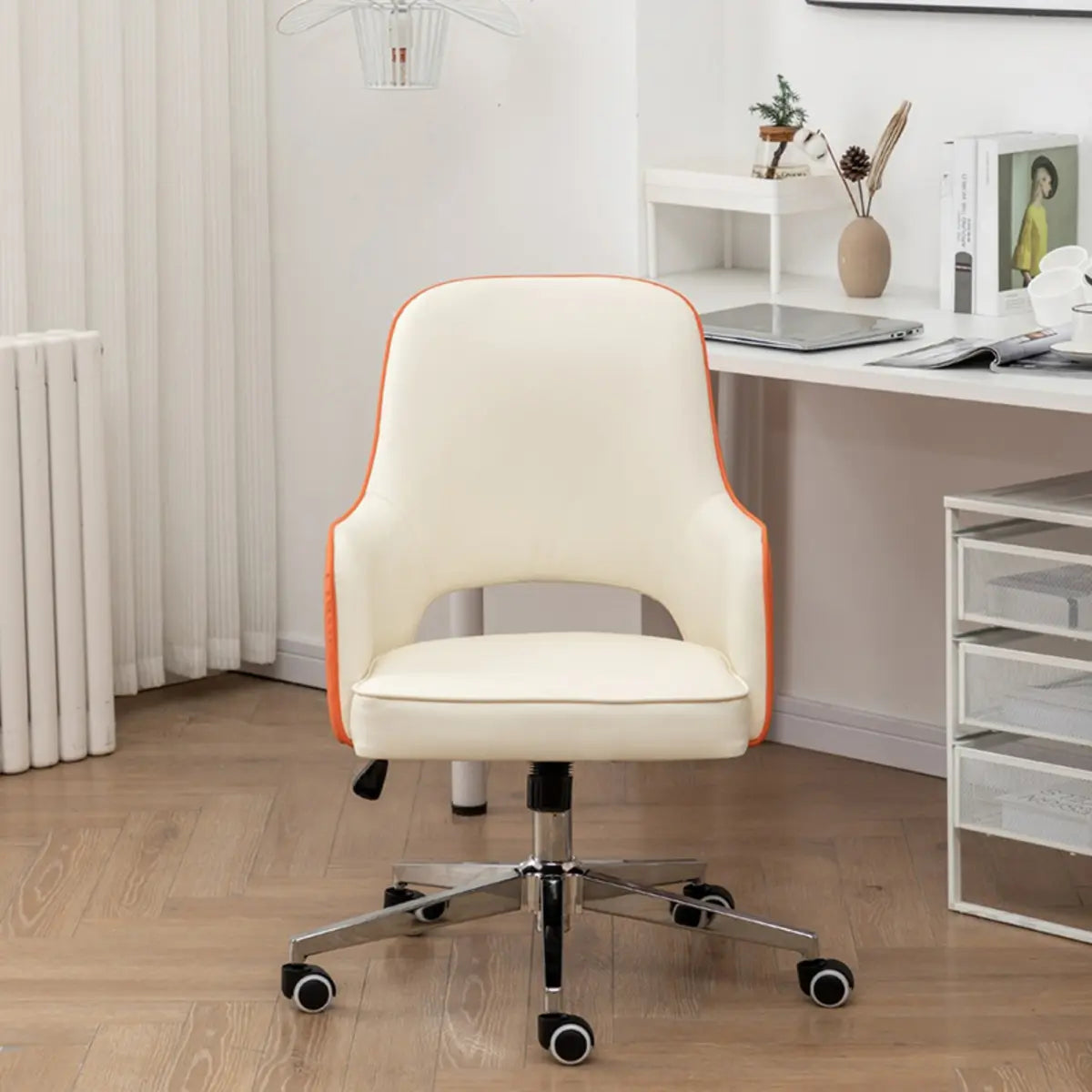 Contemporary Orange Swivel Ergonomic Leather Office Chair Image - 2