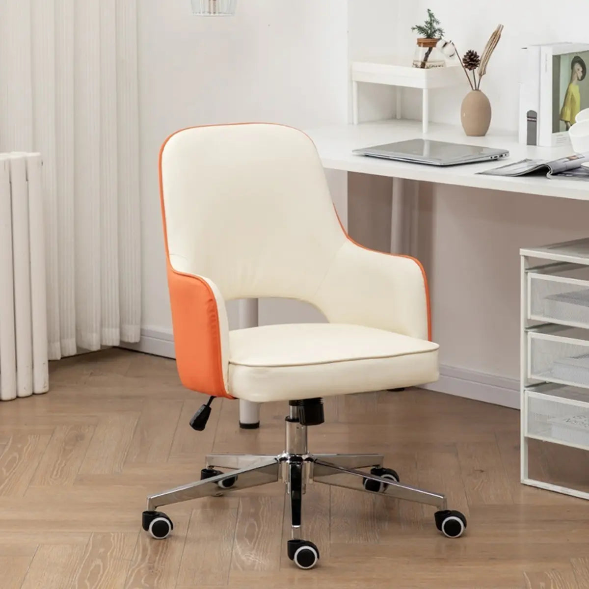 Contemporary Orange Swivel Ergonomic Leather Office Chair Image - 3