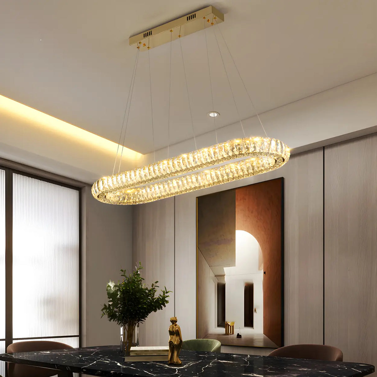 Contemporary Oval Crystal Dining Room Gold Chandelier 9 Bulbs Image - 2
