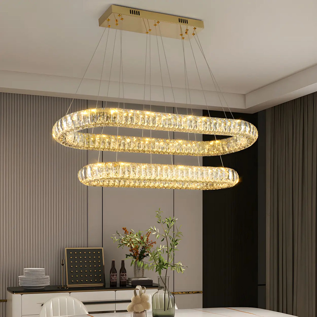 Contemporary Oval Crystal Dining Room Gold Chandelier 9 Bulbs Image - 3