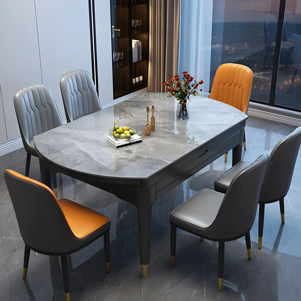 Contemporary Oval Stone Marble Dining Table Extendable Gray Image - 1