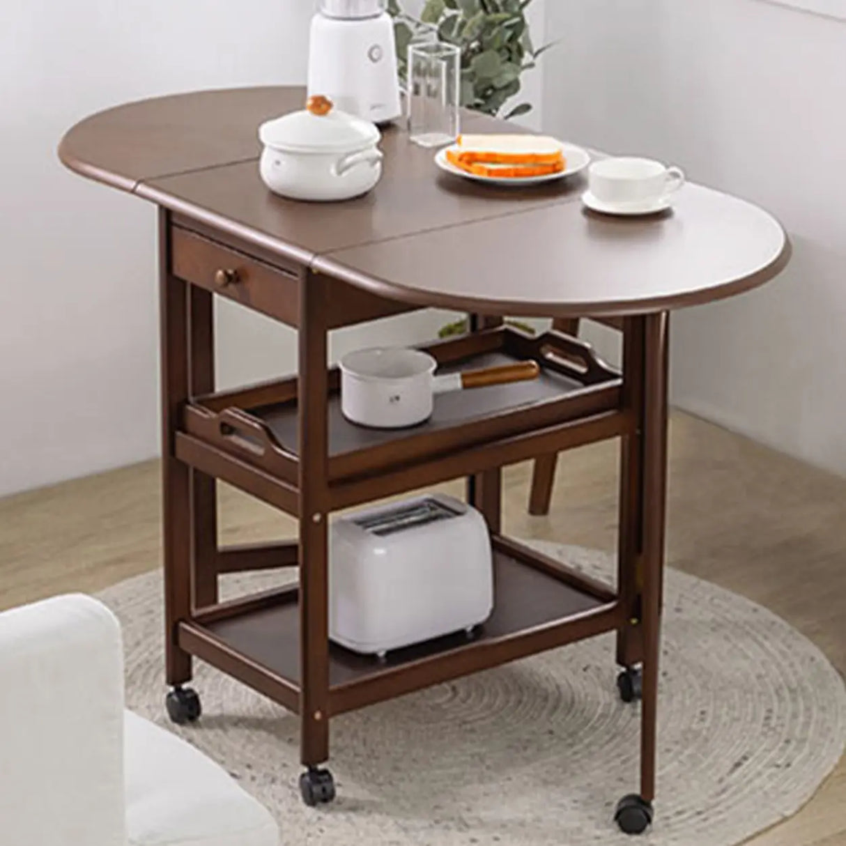 Contemporary Oval Wood Dining Table Brown Drop Leaf Image - 1