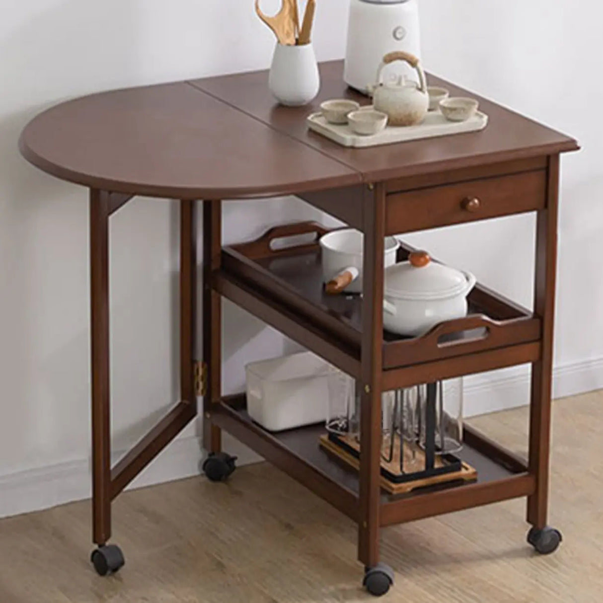 Contemporary Oval Wood Dining Table Brown Drop Leaf Image - 4