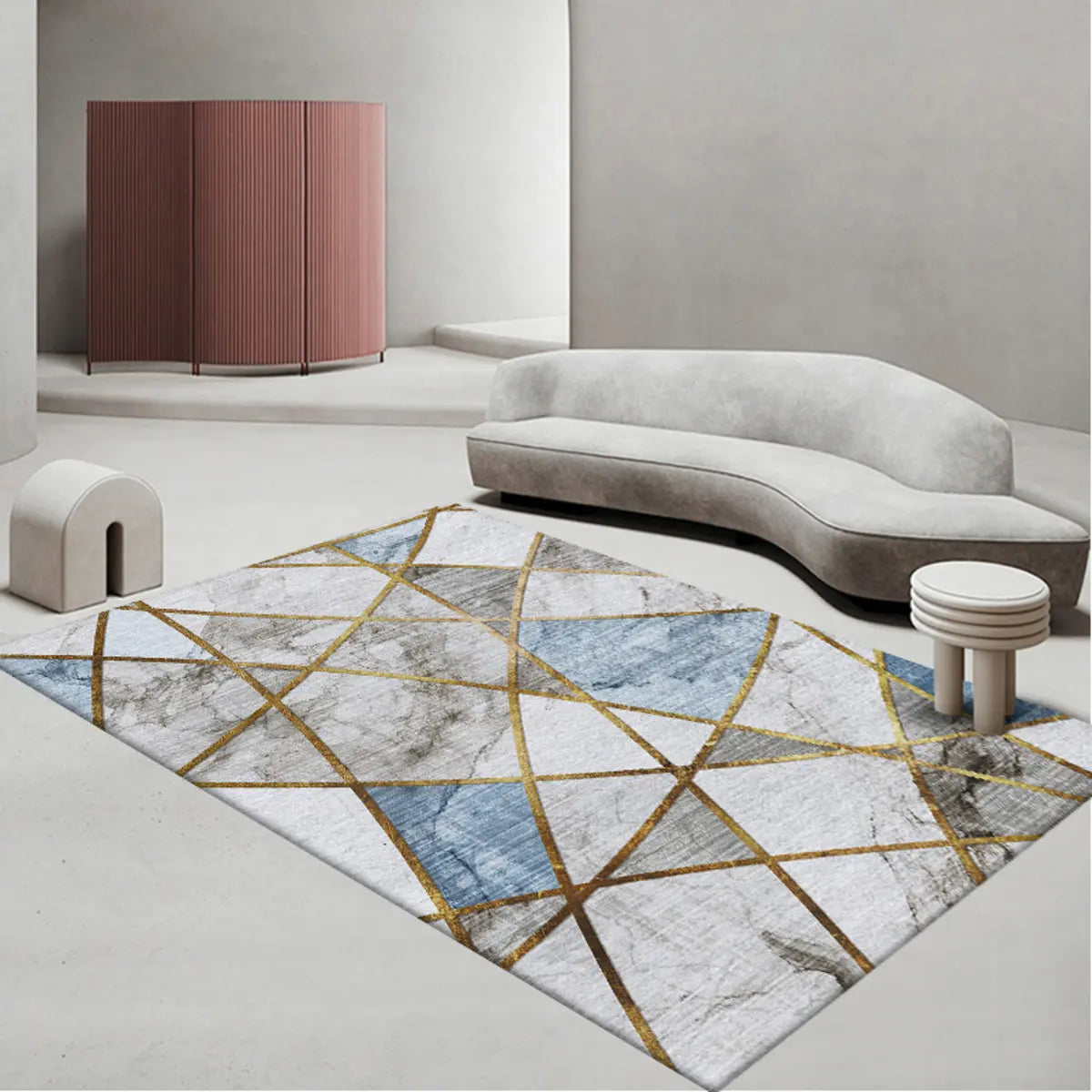 Contemporary Rectangle Microfiber Blue-Gold Area Rug Image - 1