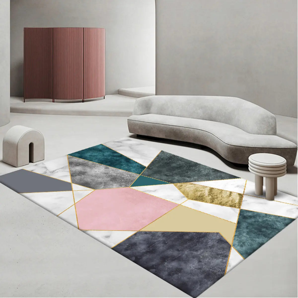 Contemporary Rectangle Microfiber Blue-Gold Area Rug Image - 2