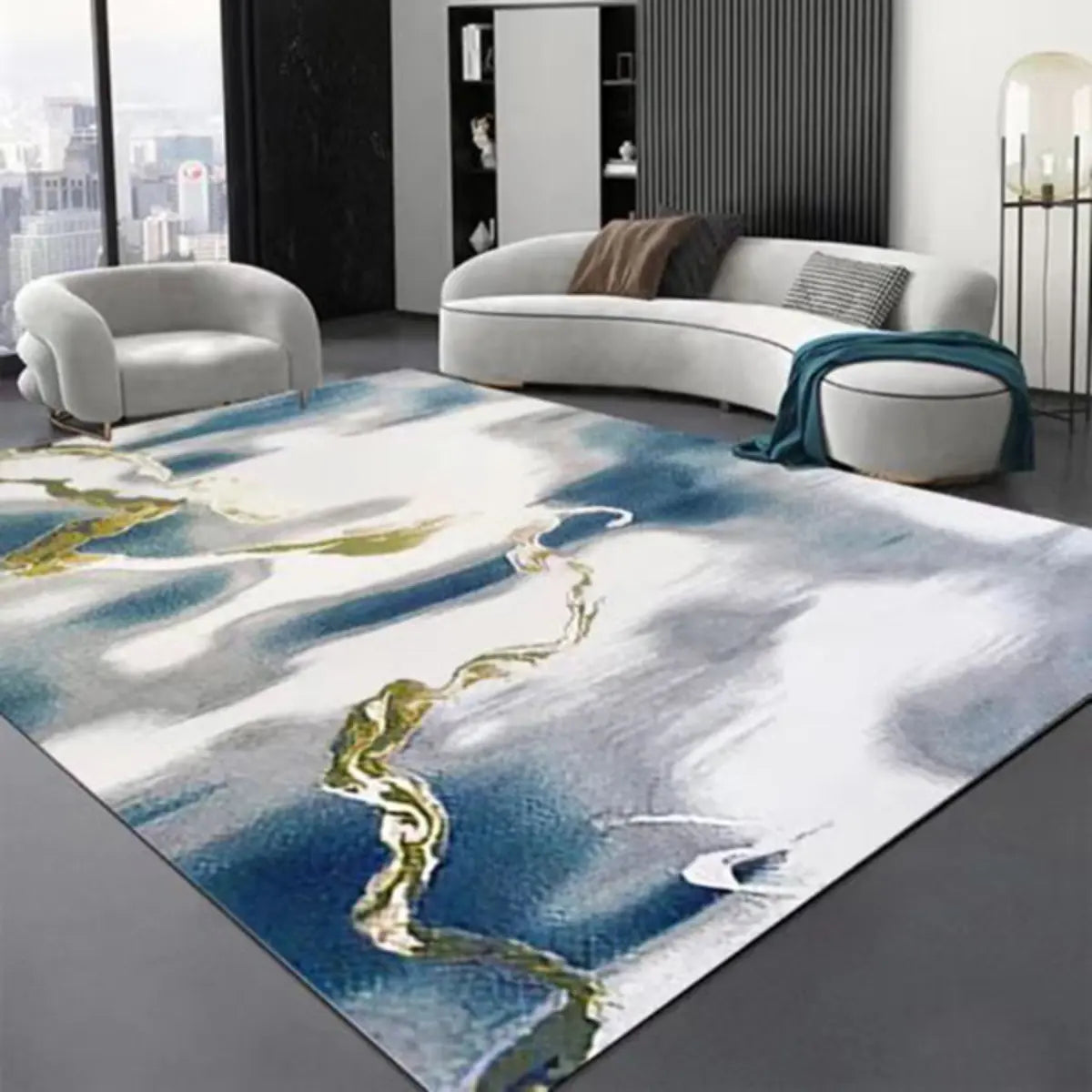 Contemporary Rectangle Microfiber Blue-Gold Area Rug Image - 5