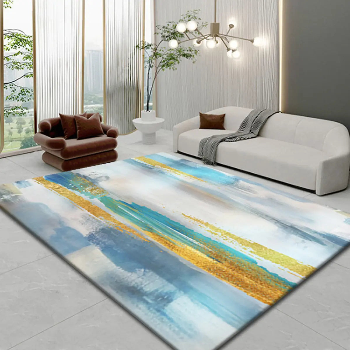 Contemporary Rectangle Microfiber Blue-Gold Area Rug Image - 7