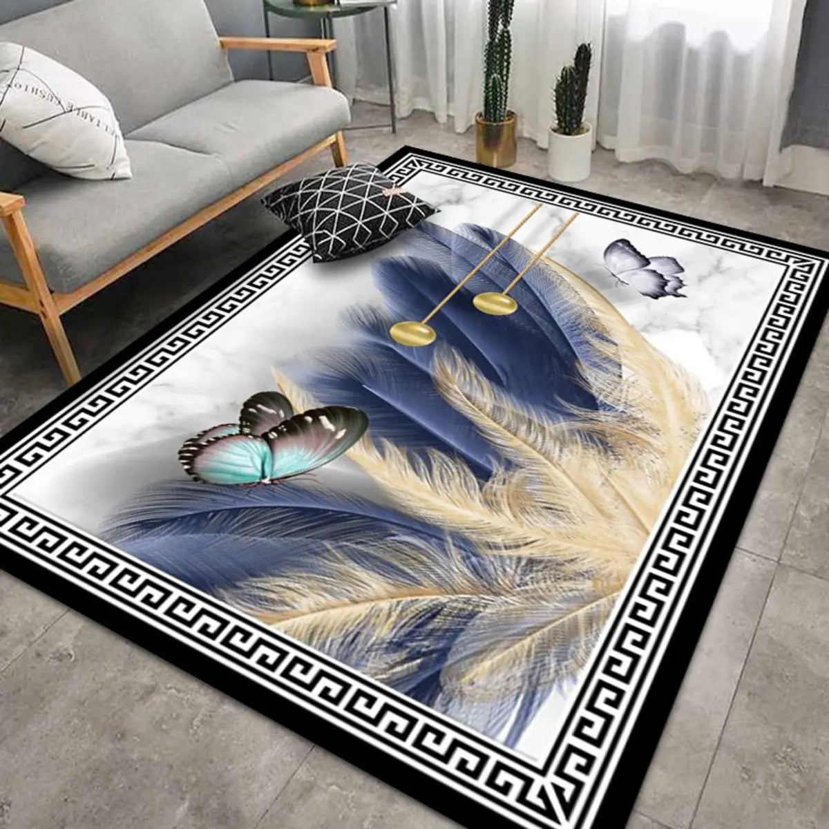 Contemporary Rectangle Microfiber Blue-Gold Area Rug Image - 9