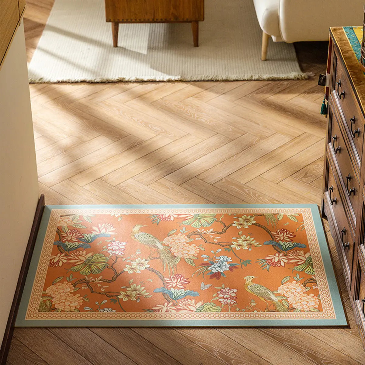 Contemporary Rectangle Vinyl Floral Orange Area Rug Image - 1