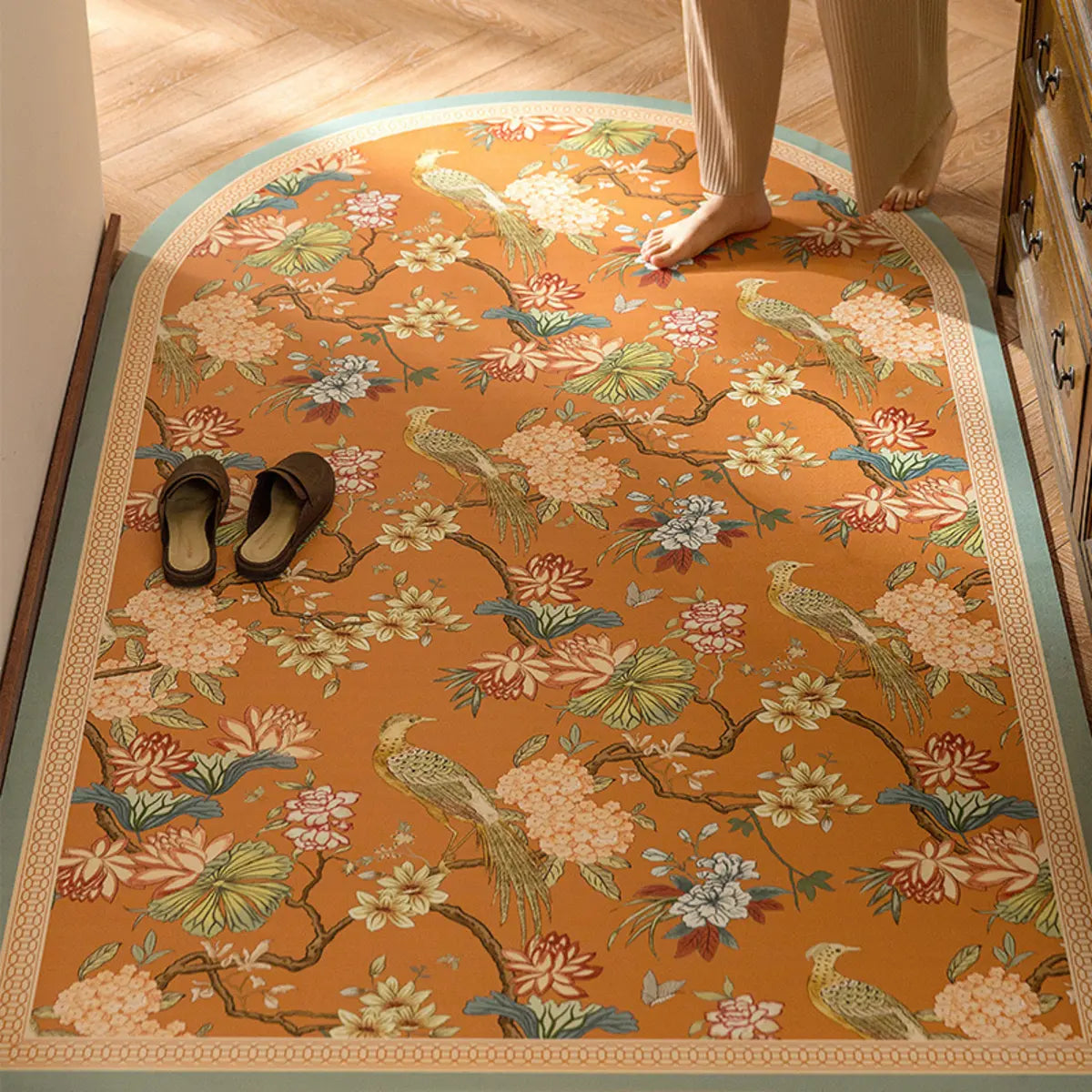 Contemporary Rectangle Vinyl Floral Orange Area Rug Image - 2