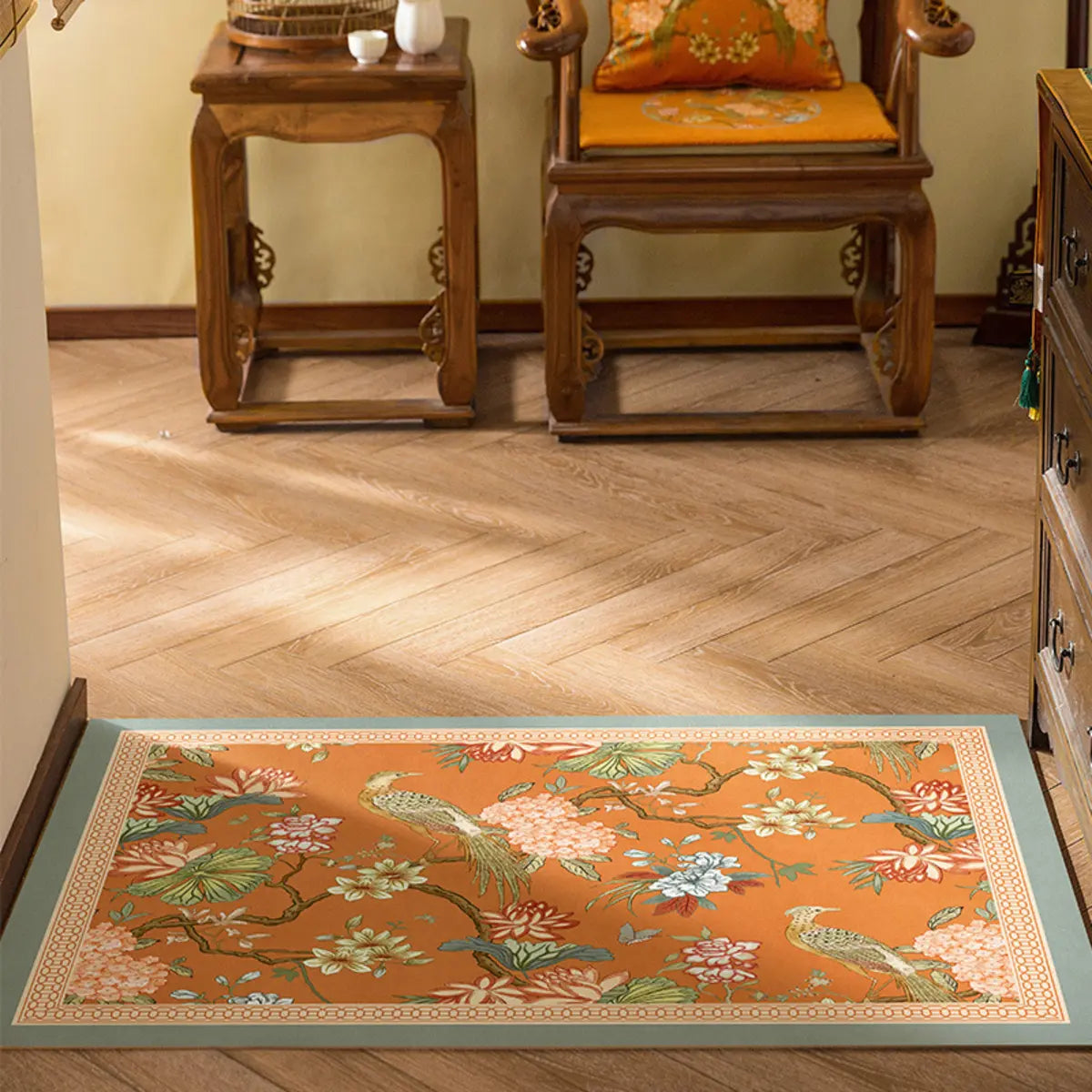 Contemporary Rectangle Vinyl Floral Orange Area Rug Image - 3