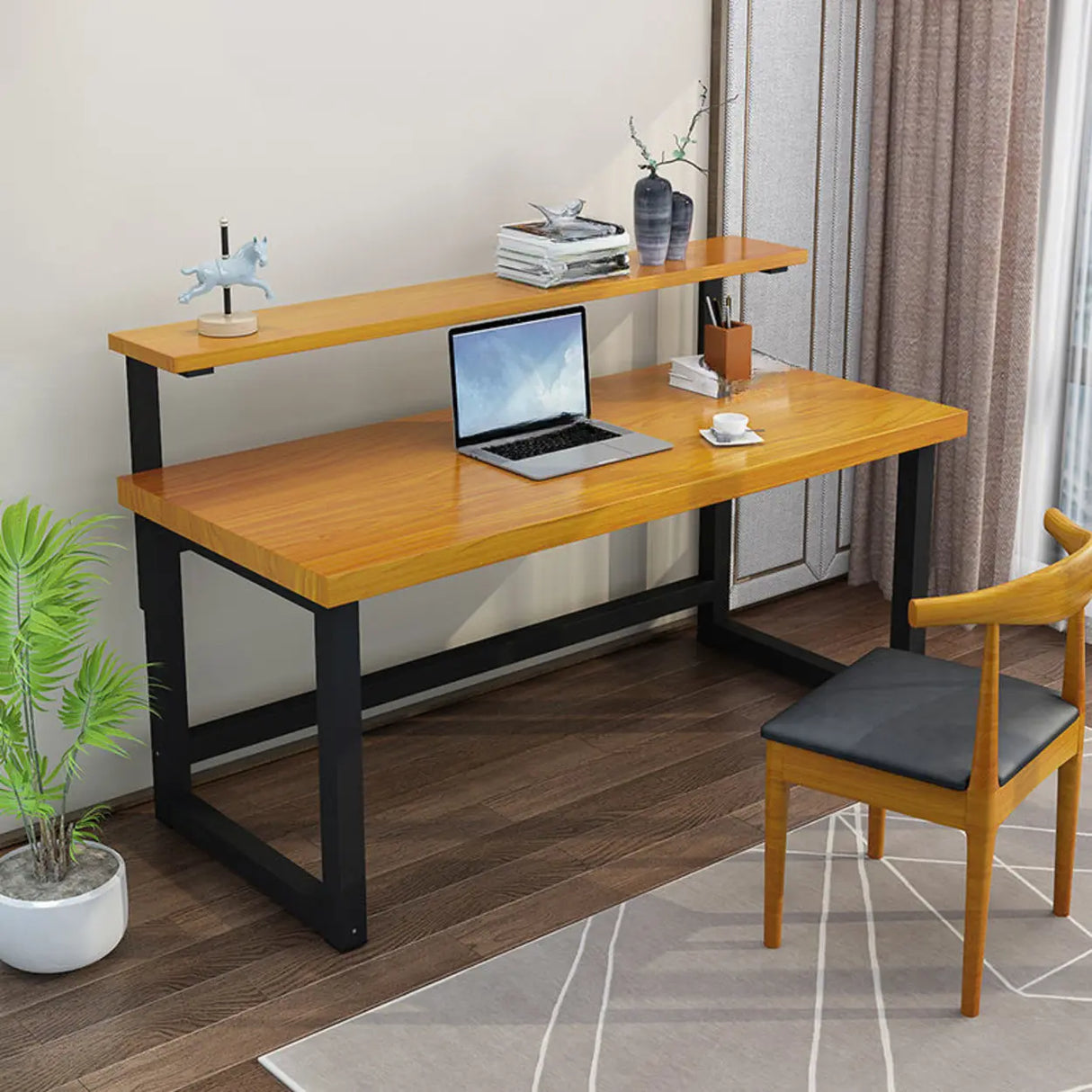 Contemporary Rectangle Wood Hutch H-Shape Writing Desk Image - 3