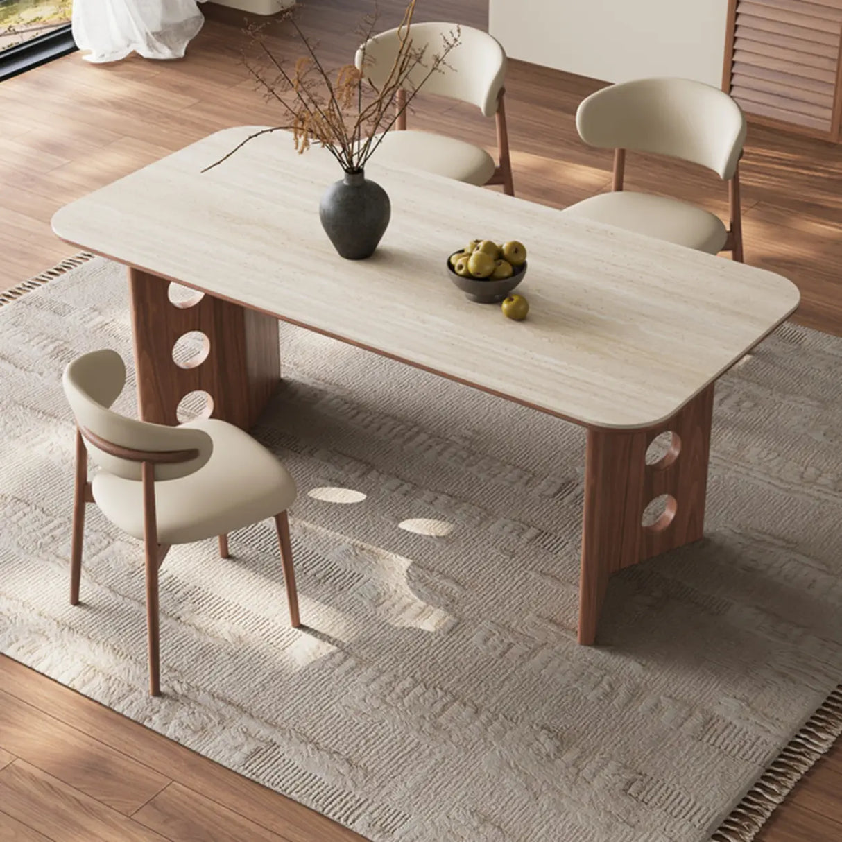 Contemporary Rectangular Beige Stone Top Wood Dining Table Image - 1
