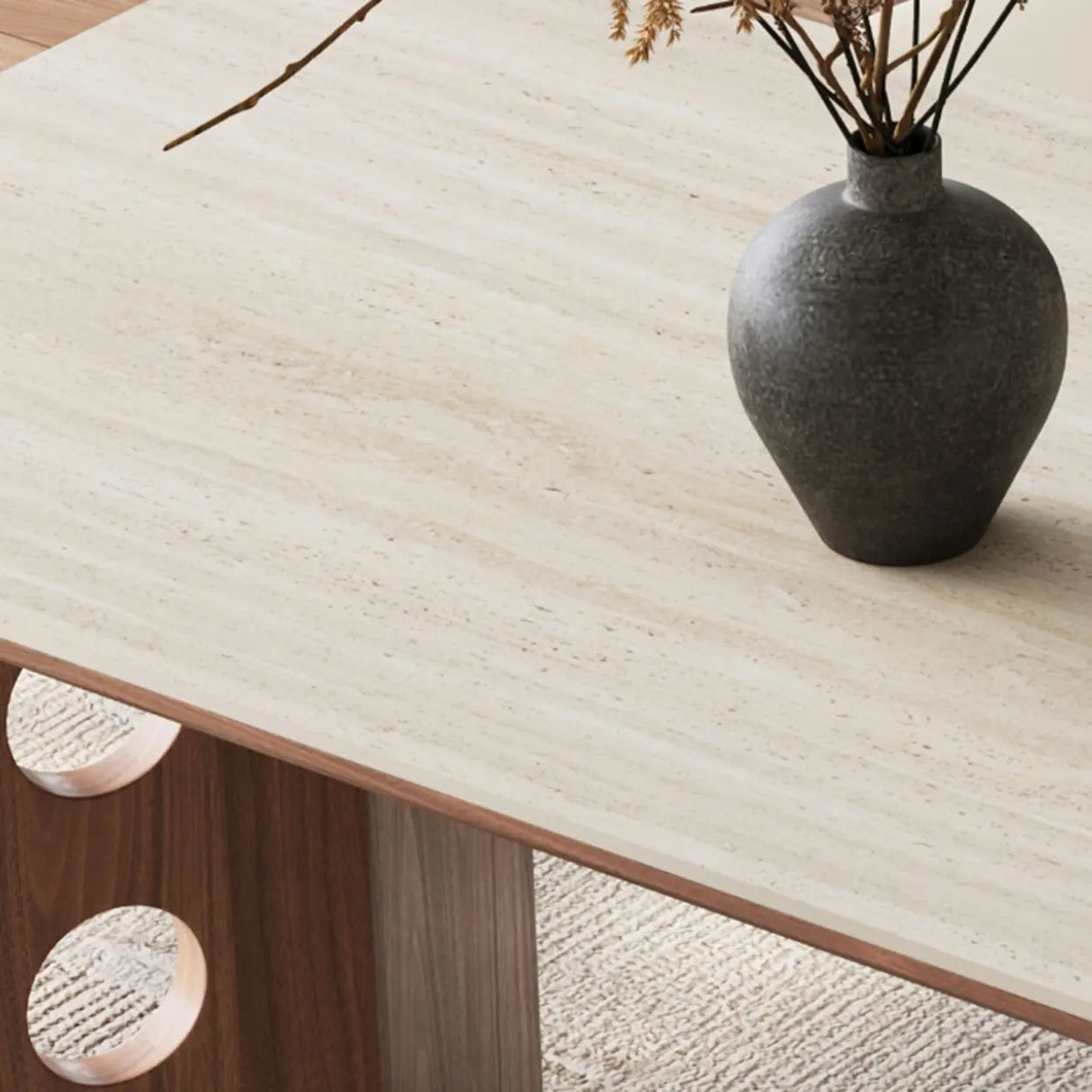 Contemporary Rectangular Beige Stone Top Wood Dining Table Image - 6