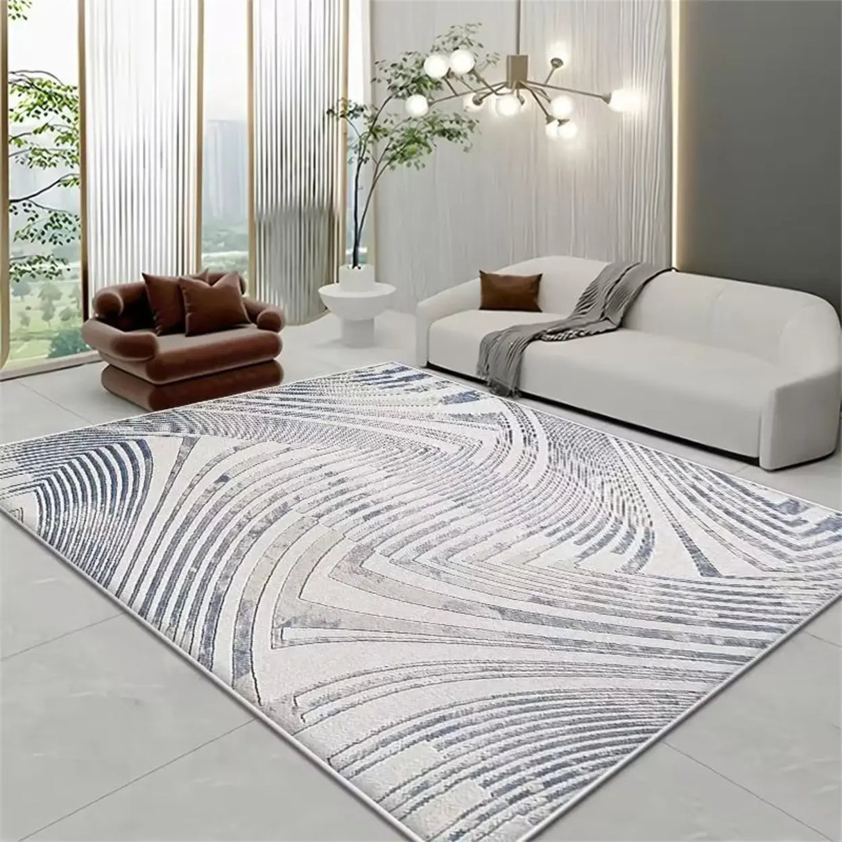 Contemporary Rectangular Fabric Gray Striped Area Rug Image - 1