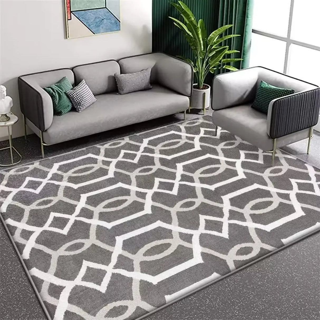 Contemporary Rectangular Fabric Gray Striped Area Rug Image - 13