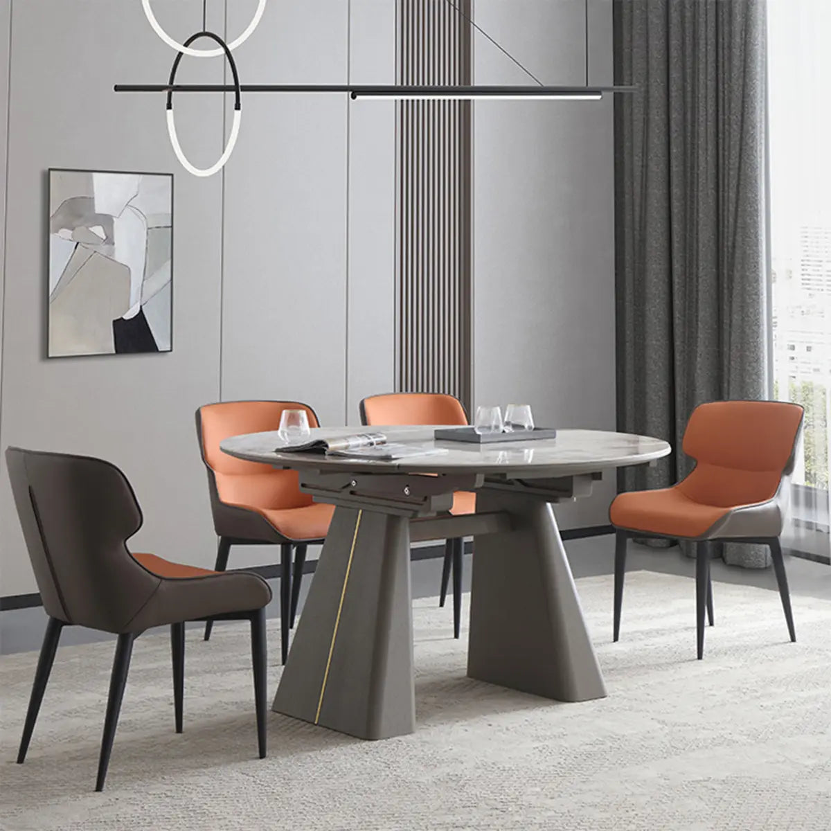 Contemporary Rectangular Gray Marble Extendable Dining Table Image - 3