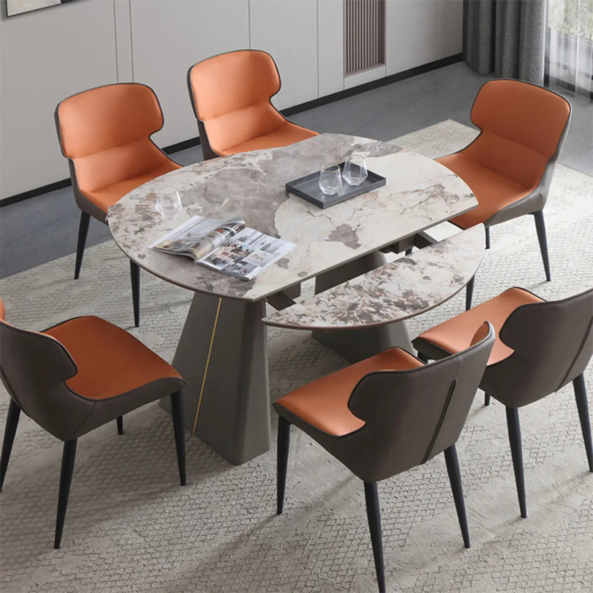 Contemporary Rectangular Gray Marble Extendable Dining Table Image - 4