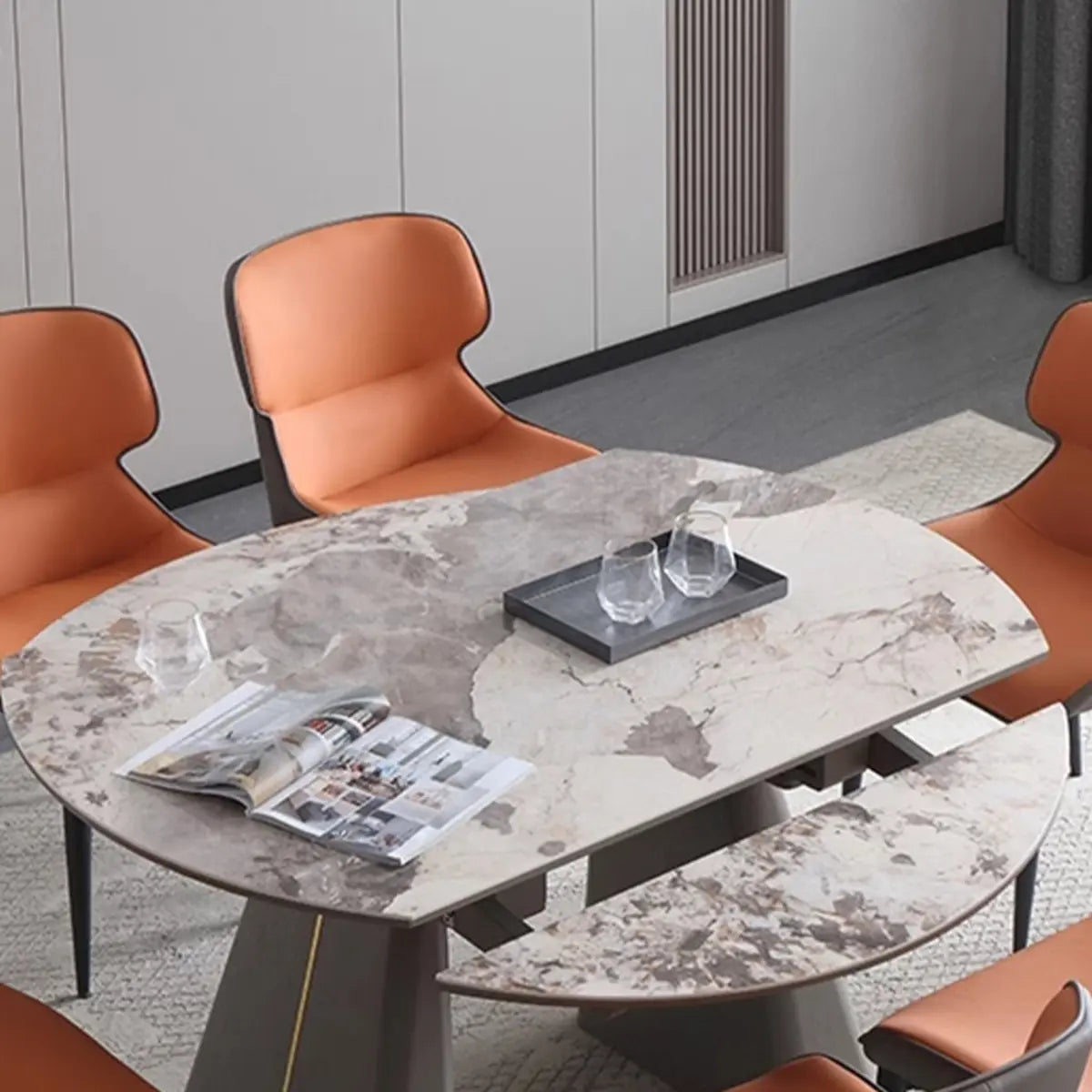 Contemporary Rectangular Gray Marble Extendable Dining Table Image - 6