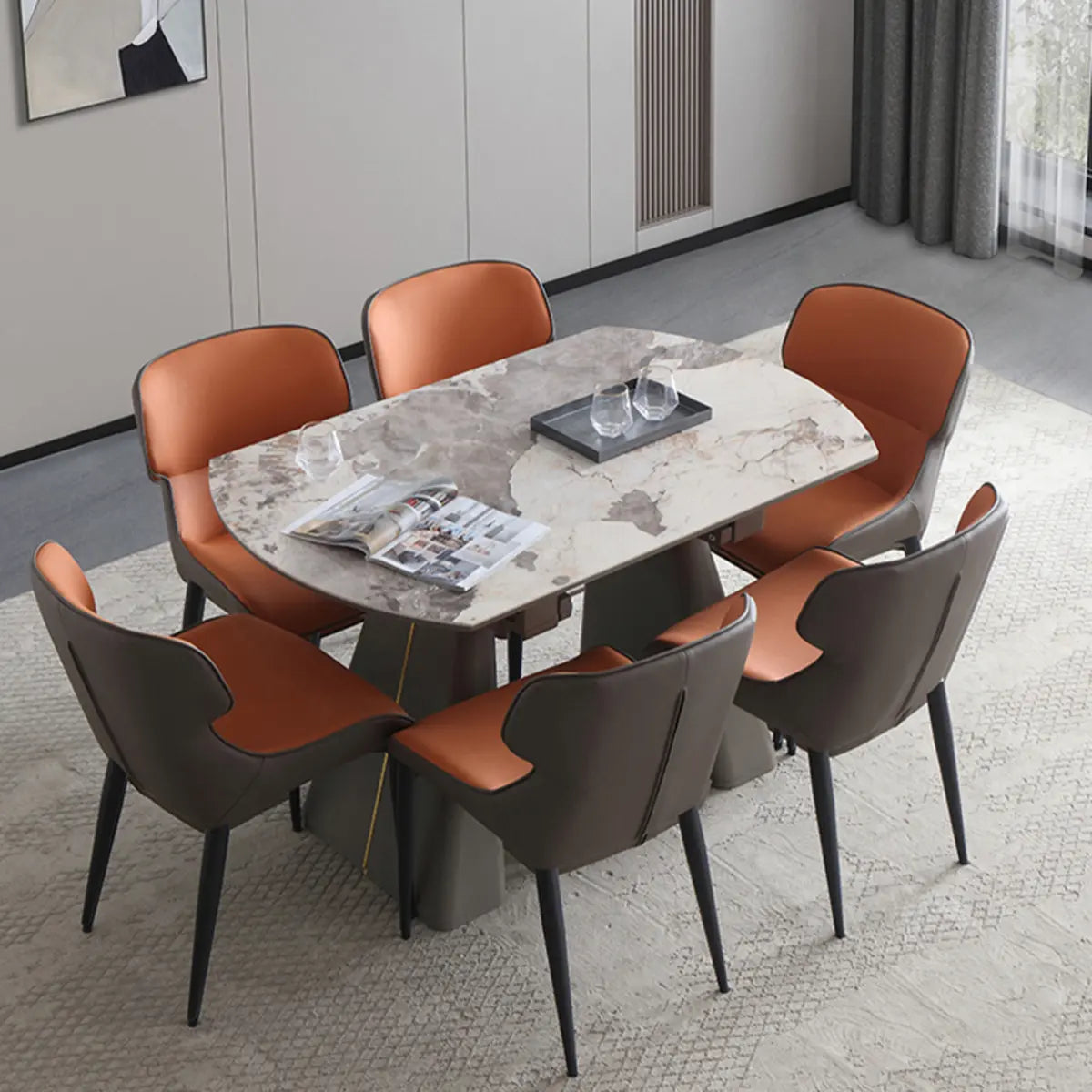 Contemporary Rectangular Gray Marble Extendable Dining Table Image - 9