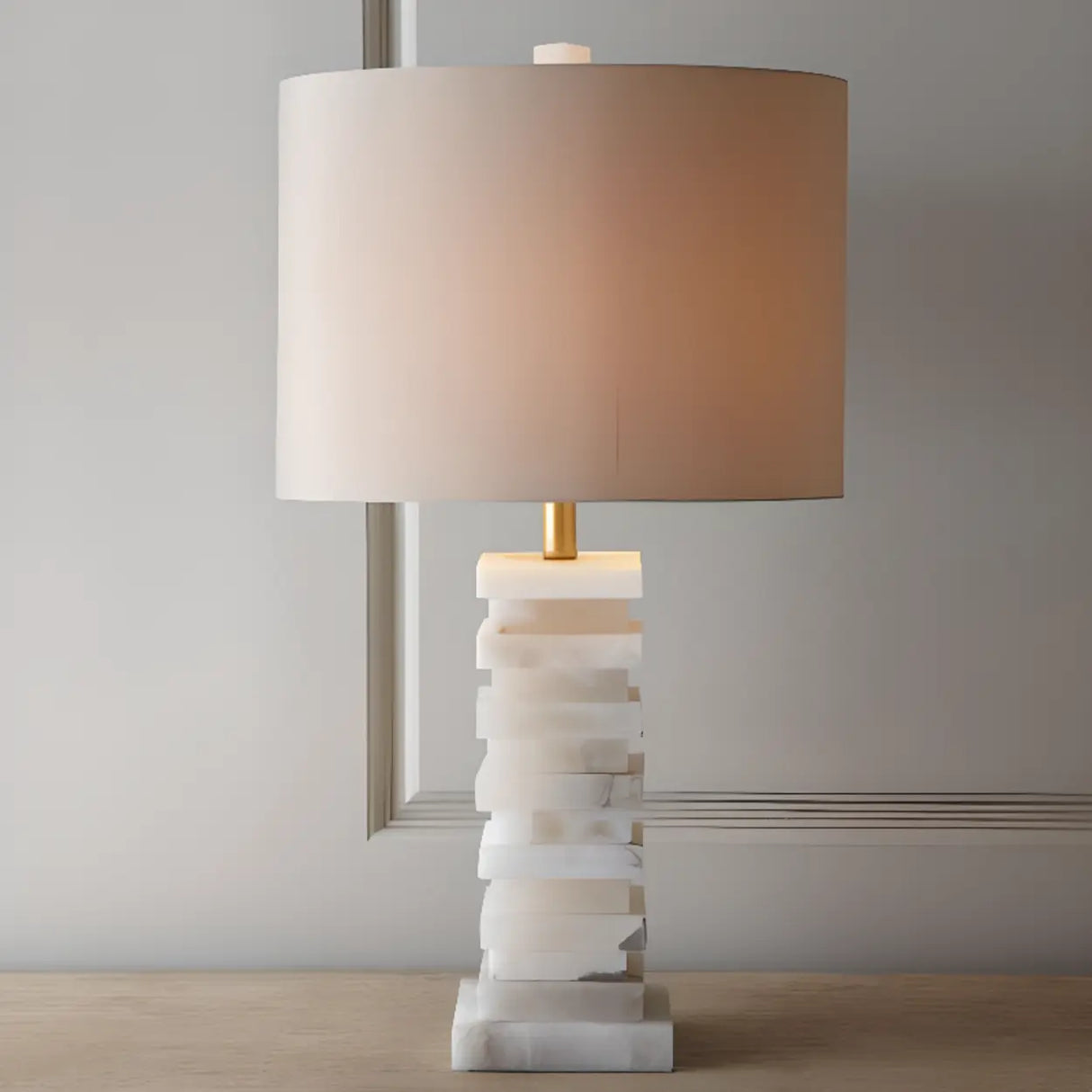 Contemporary Rectangular White Alabaster Fabric Table Lamp Image - 6